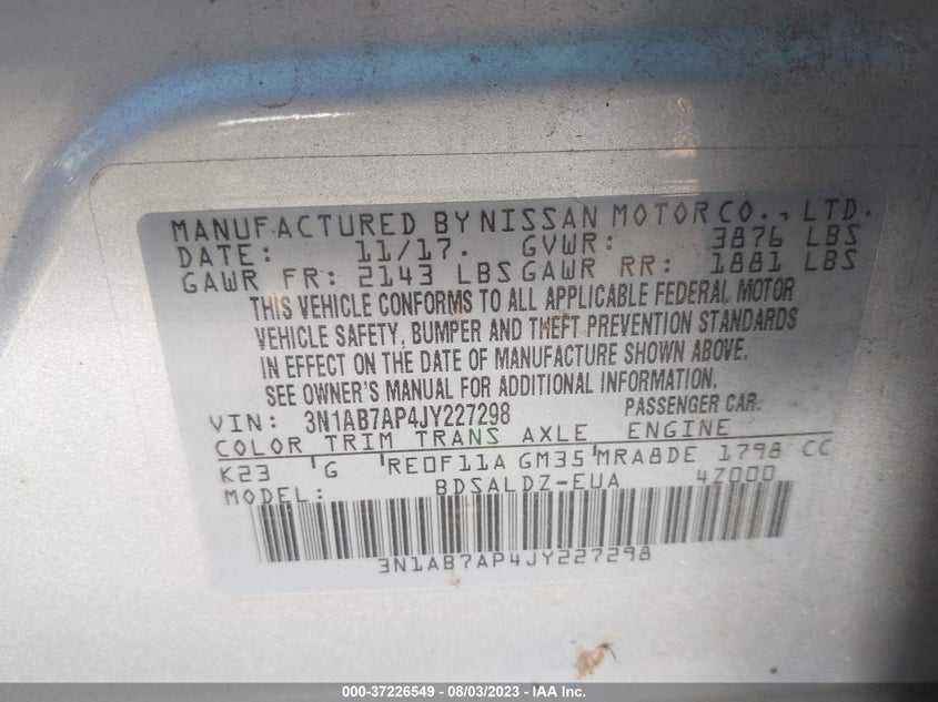 VIN 3N1AB7AP4JY227298 2018 NISSAN SENTRA S/SV/SR/SL