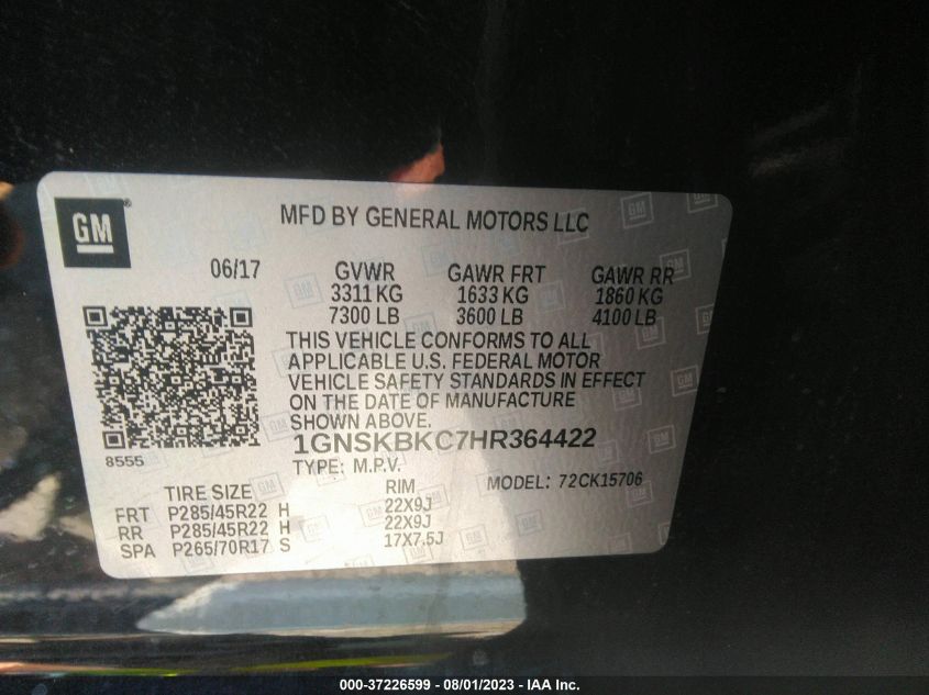 2017 CHEVROLET TAHOE LT - 1GNSKBKC7HR364422