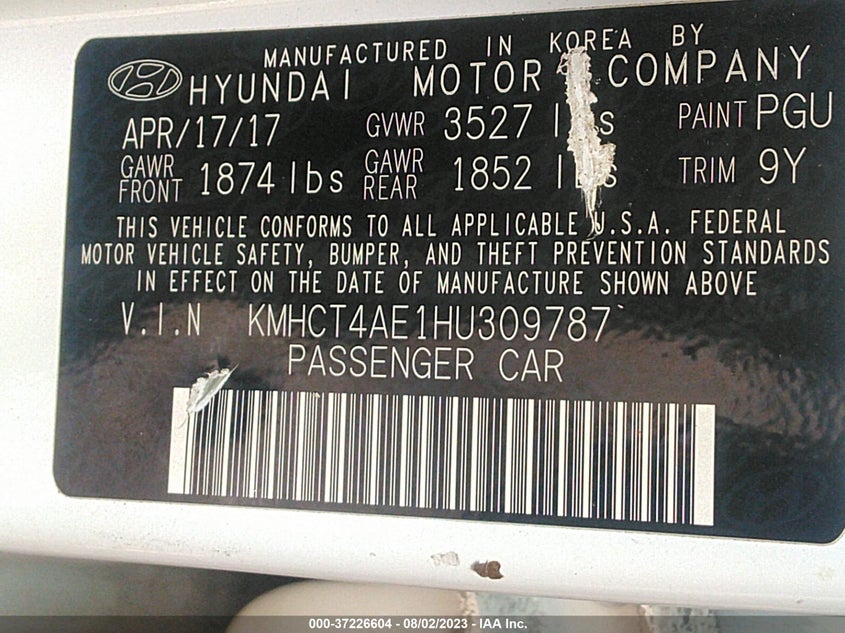 VIN KMHCT4AE1HU309787 2017 HYUNDAI ACCENT SE