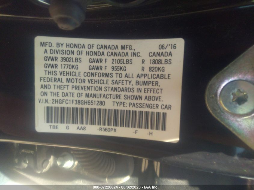 2016 HONDA CIVIC SEDAN EX-T - 2HGFC1F38GH651280