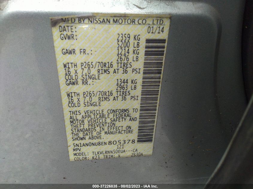 2014 NISSAN XTERRA X/S - 5N1AN0NU8EN805378