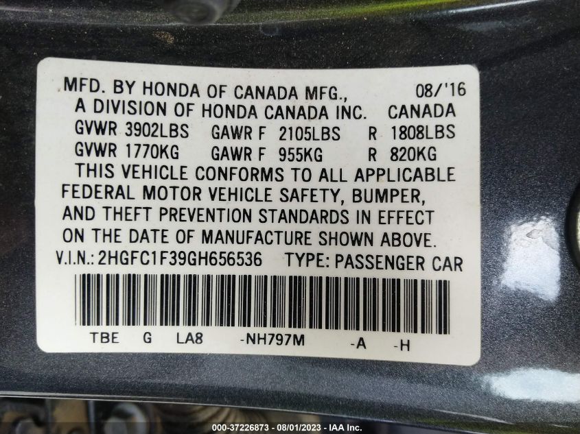 2016 HONDA CIVIC SEDAN EX-T - 2HGFC1F39GH656536