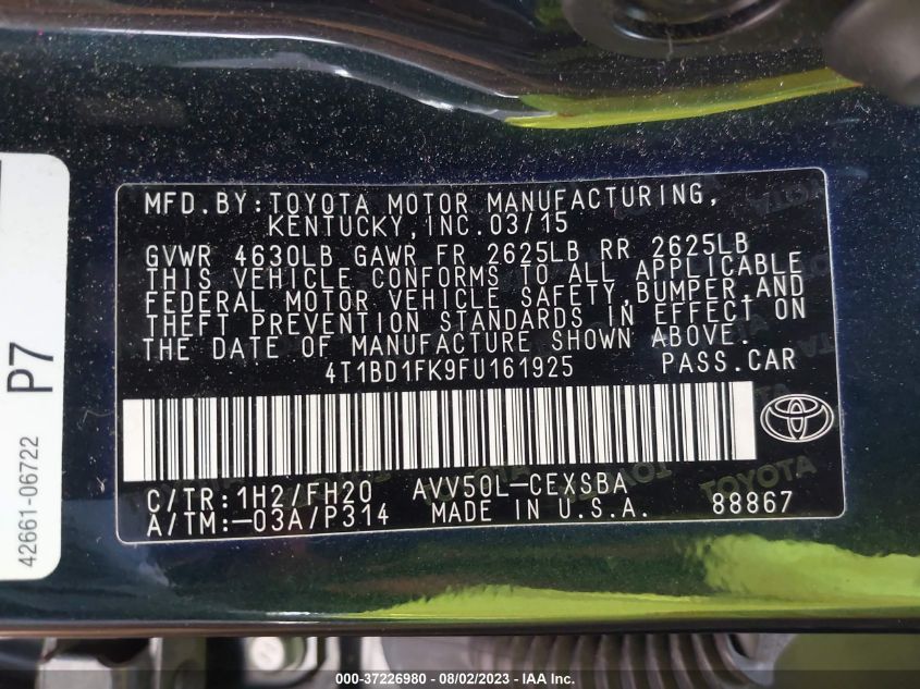 2015 TOYOTA CAMRY HYBRID LE/XLE/SE - 4T1BD1FK9FU161925