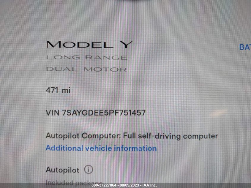 2023 TESLA MODEL Y LONG RANGE - 7SAYGDEE5PF751457