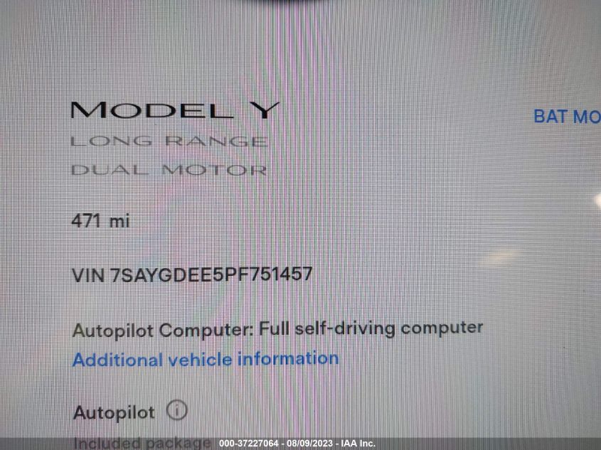 2023 TESLA MODEL Y LONG RANGE - 7SAYGDEE5PF751457
