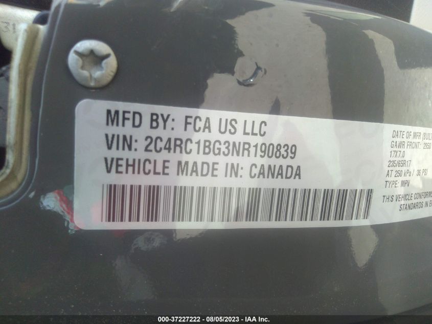 2022 CHRYSLER PACIFICA TOURING L - 2C4RC1BG3NR190839