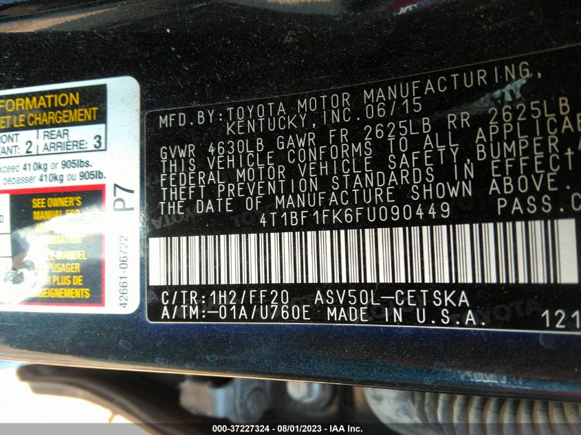 2015 TOYOTA CAMRY XLE/SE/LE/XSE - 4T1BF1FK6FU090449