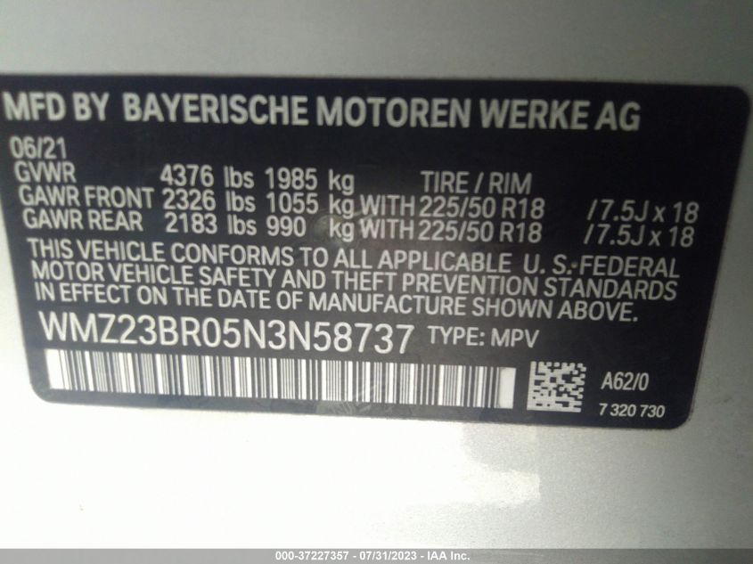 2022 MINI COUNTRYMAN COOPER WMZ23BR05N3N58737