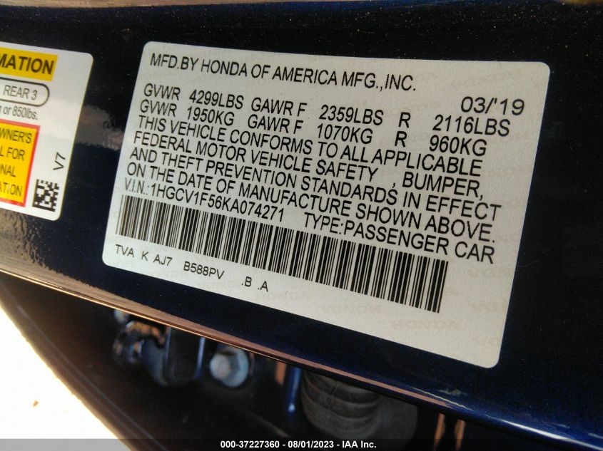 2019 HONDA ACCORD SEDAN EX-L 1.5T - 1HGCV1F56KA074271