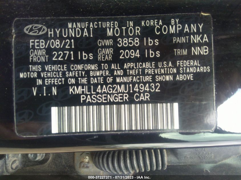 KMHLL4AG2MU149432 Hyundai Elantra SE 9