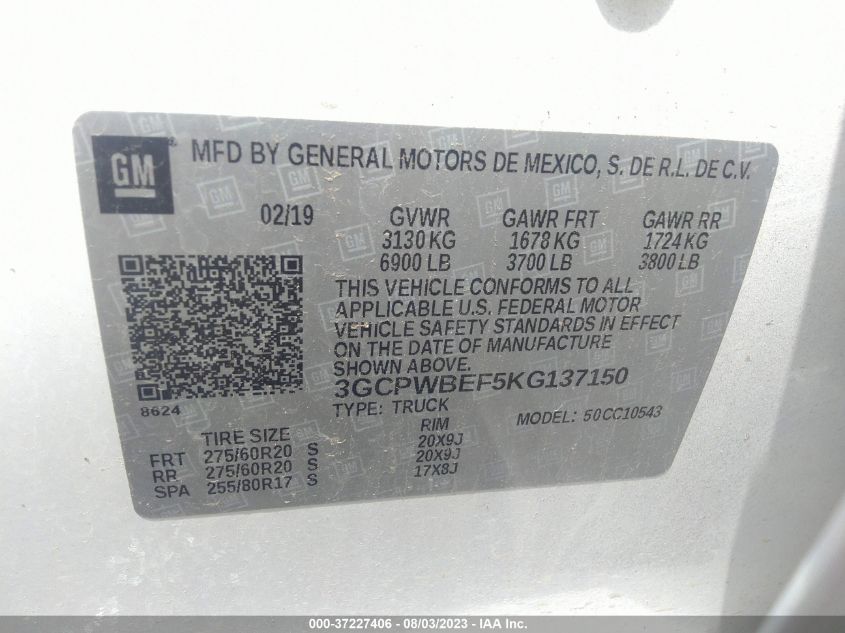 2019 CHEVROLET SILVERADO 1500 CUSTOM - 3GCPWBEF5KG137150