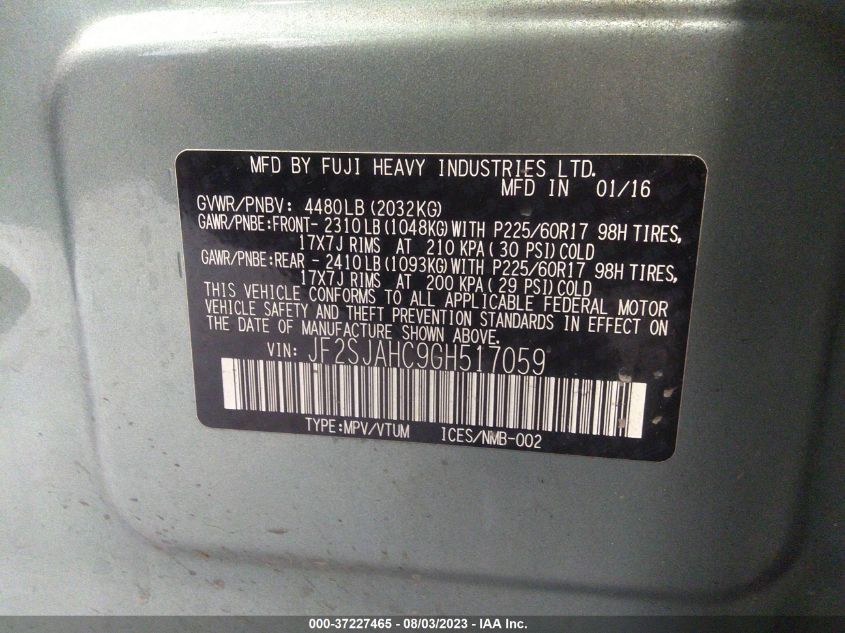 2016 SUBARU FORESTER 2.5I LIMITED - JF2SJAHC9GH517059