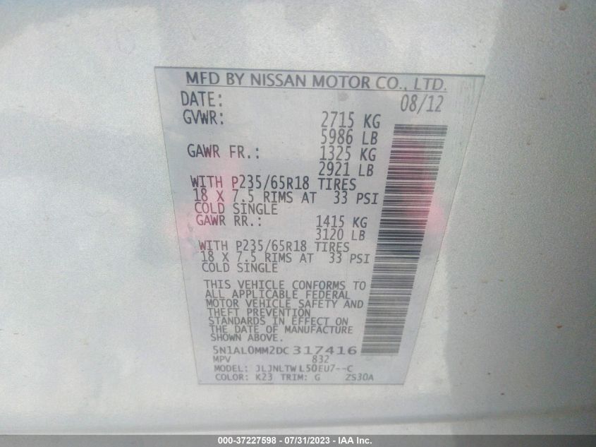 2013 INFINITI JX - 5N1AL0MM2DC317416
