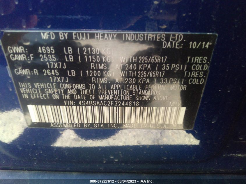 2015 SUBARU OUTBACK 2.5I - 4S4BSAAC2F3244818