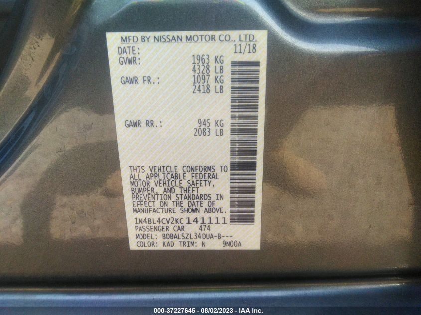 2019 NISSAN ALTIMA 2.5 SR - 1N4BL4CV2KC141111