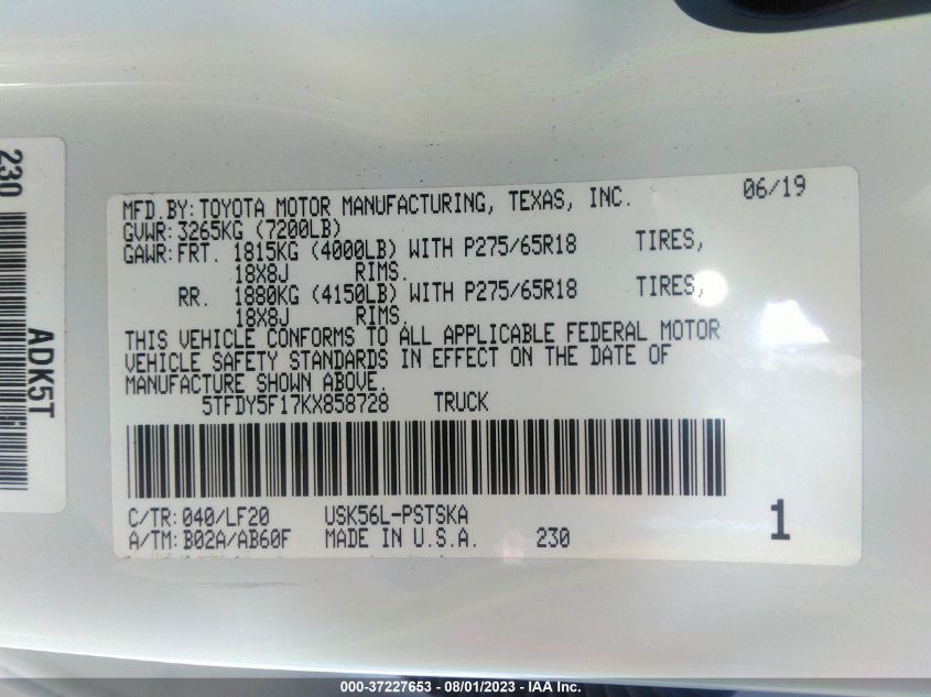 2019 TOYOTA TUNDRA 4WD SR5/LIMITED/PLATINUM - 5TFDY5F17KX858728