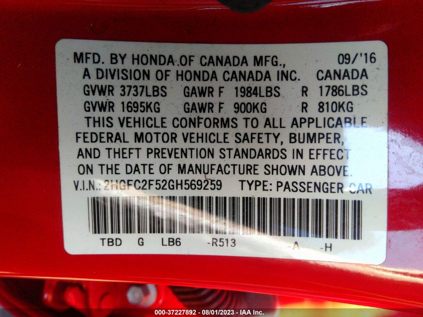 2016 HONDA CIVIC SEDAN LX - 2HGFC2F52GH569259