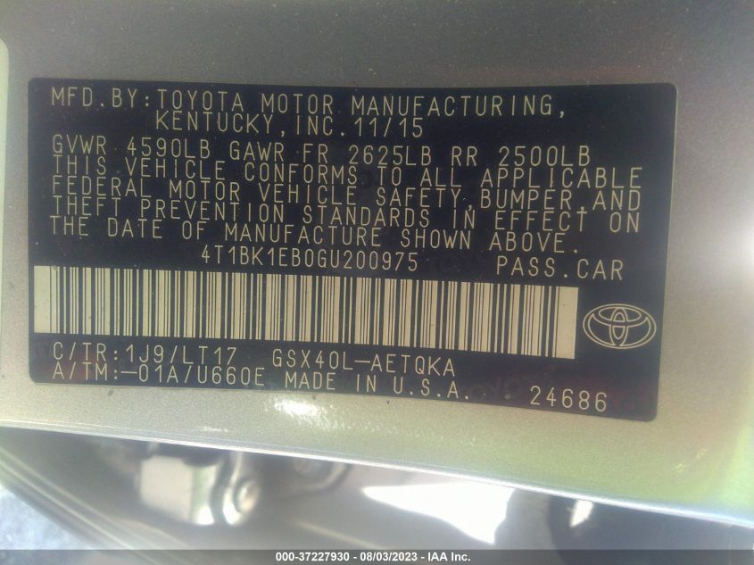 2016 TOYOTA AVALON LIMITED/TOURING/XLE - 4T1BK1EB0GU200975