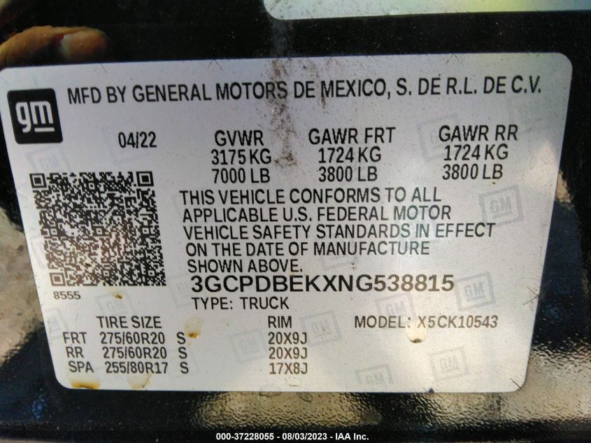 2022 CHEVROLET SILVERADO 1500 CUSTOM - 3GCPDBEKXNG538815