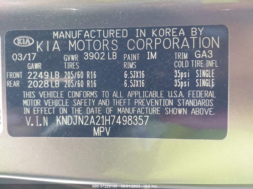 2017 KIA SOUL BASE - KNDJN2A21H7498357