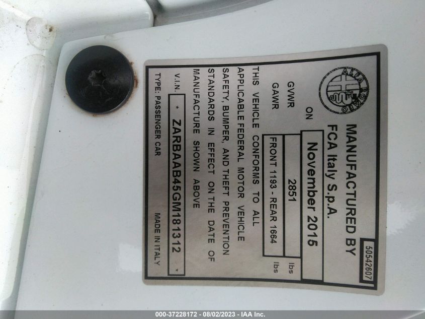2016 ALFA ROMEO 4C SPIDER - ZARBAAB45GM181312
