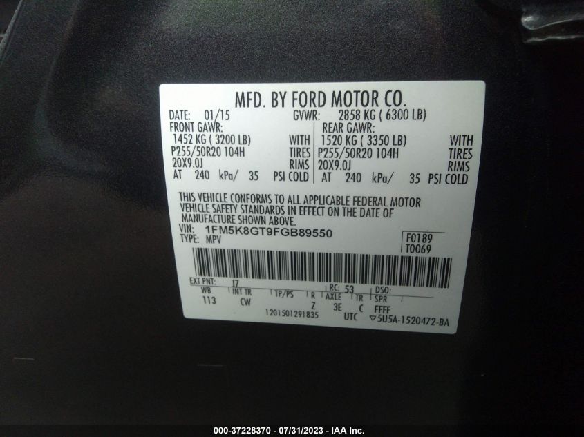 2015 FORD EXPLORER SPORT - 1FM5K8GT9FGB89550