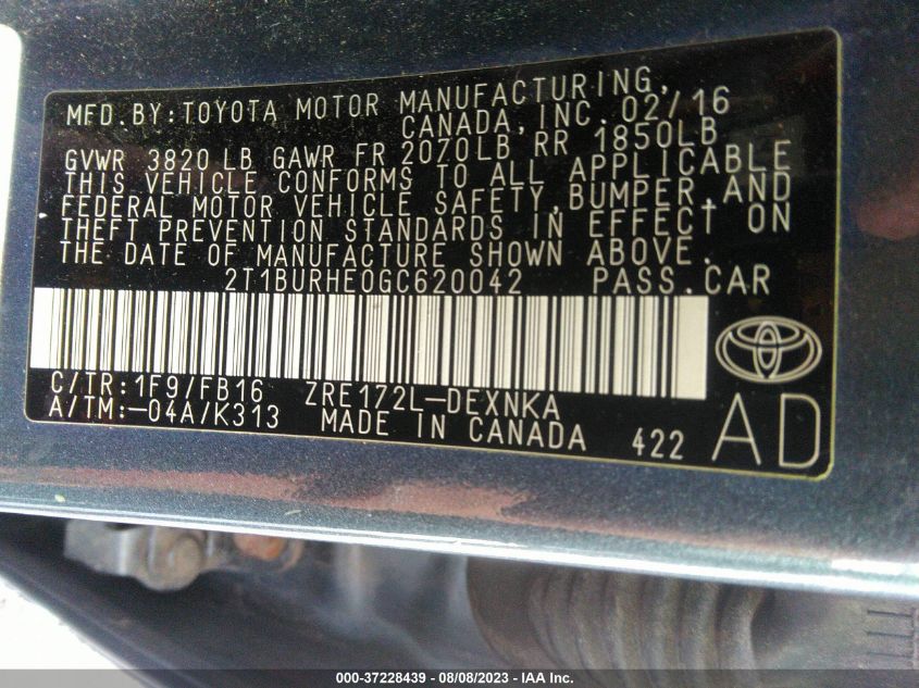 2016 TOYOTA COROLLA L/LE/S/S PLUS/LE PLUS - 2T1BURHE0GC620042