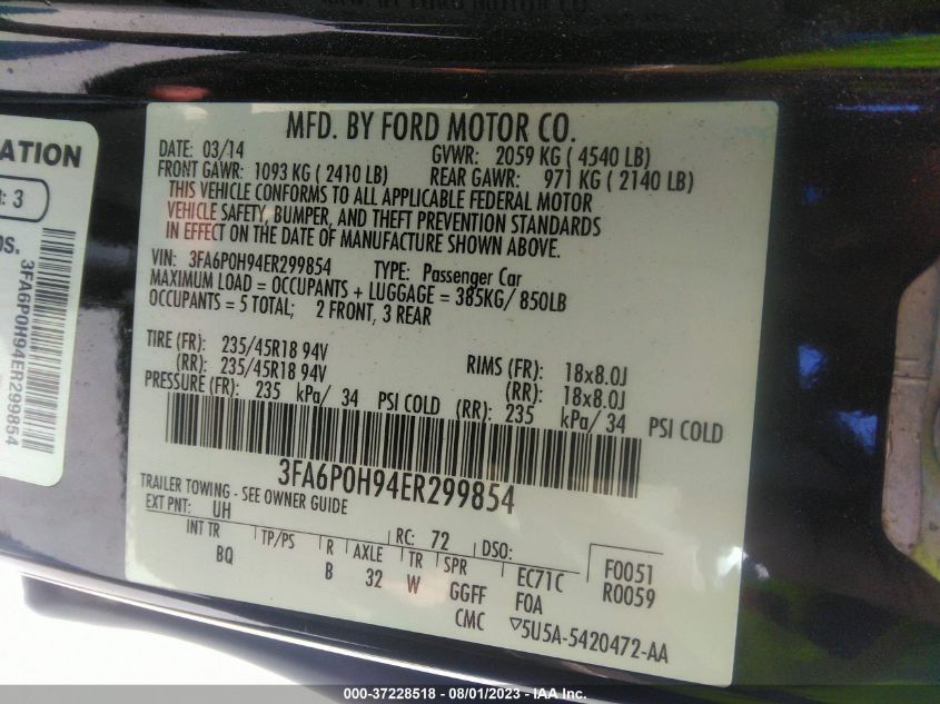 2014 FORD FUSION SE - 3FA6P0H94ER299854