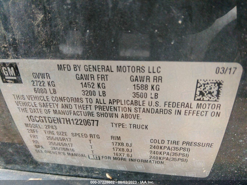 VIN 1GCGTDEN7H1220677 2017 CHEVROLET COLORADO Z71