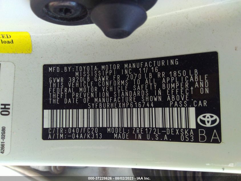 2017 TOYOTA COROLLA L/LE/XLE/SE - 5YFBURHEXHP616744