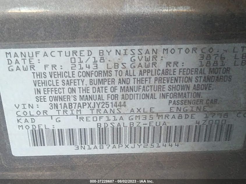 2018 NISSAN SENTRA S - 3N1AB7APXJY251444
