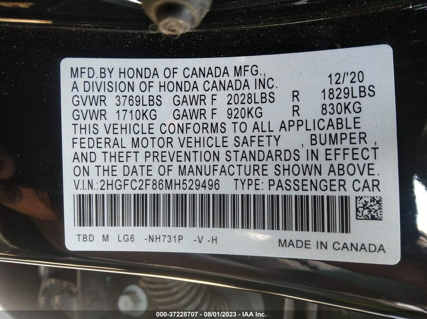 VIN 2HGFC2F86MH529496 2021 HONDA CIVIC SEDAN SPORT