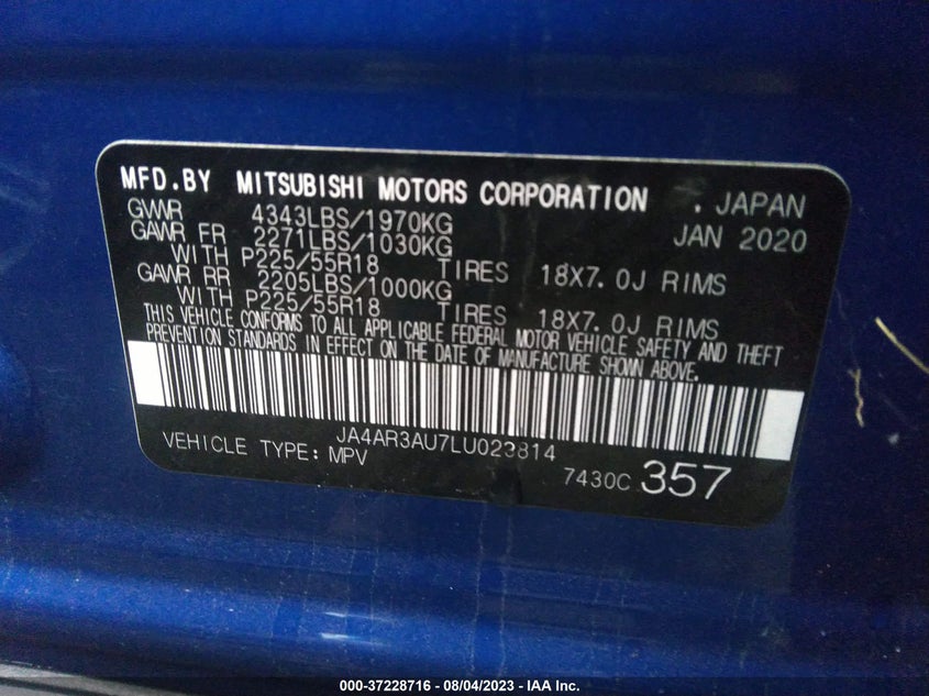VIN JA4AR3AU7LU023814 2020 MITSUBISHI OUTLANDER SPORT ES 2.0/SE 2.0