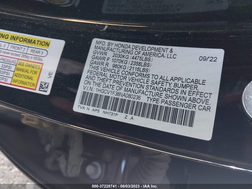 VIN 1HGCV1F38NA080236 2022 HONDA ACCORD SEDAN SPORT