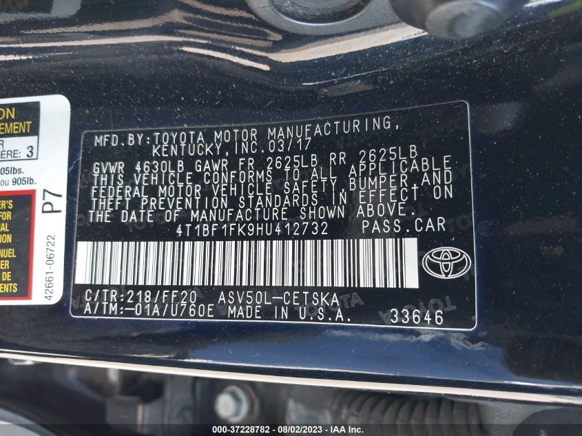 2017 TOYOTA CAMRY XLE/SE/LE/XSE - 4T1BF1FK9HU412732