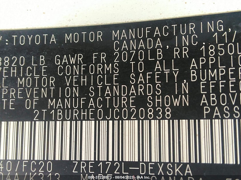 VIN 2T1BURHE0JC020838 2018 TOYOTA COROLLA L/LE/XLE/SE/XSE