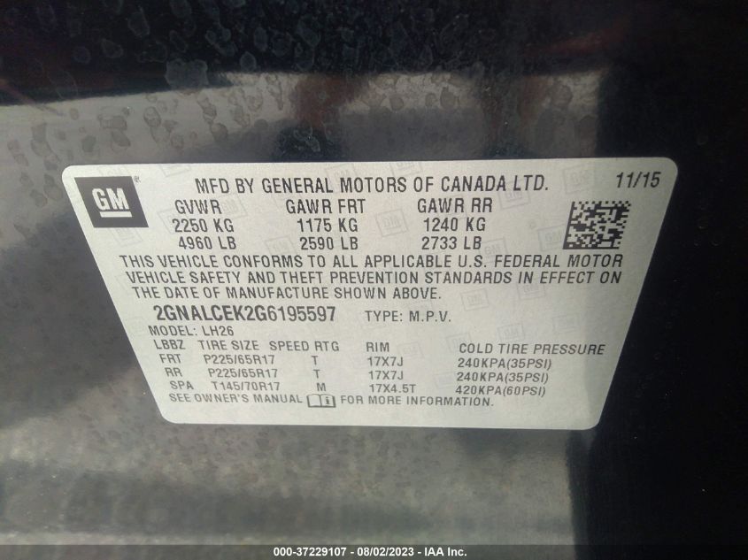 2016 CHEVROLET EQUINOX LT - 2GNALCEK2G6195597