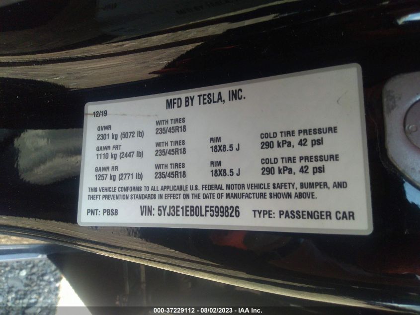 2020 TESLA MODEL 3 LONG RANGE - 5YJ3E1EB0LF599826