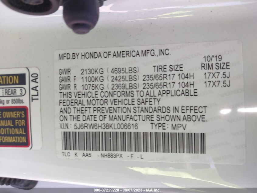 2019 HONDA CR-V LX - 5J6RW6H38KL006616