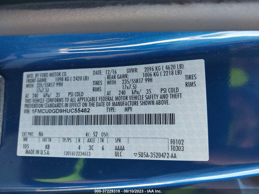 VIN 1FMCU0GD9HUC55482 2017 FORD ESCAPE SE
