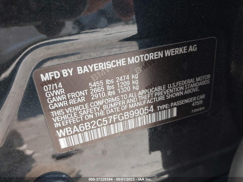 2015 BMW 650I GRAN COUPE WBA6B2C57FGB99054