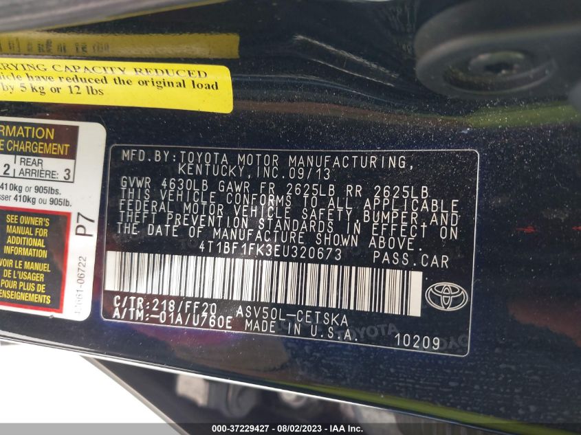 2014 TOYOTA CAMRY L/LE/XLE/SE/SE SPORT - 4T1BF1FK3EU320673