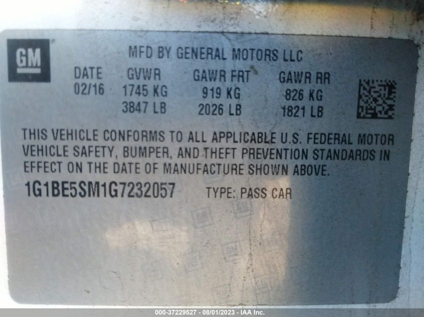 2016 CHEVROLET CRUZE LT - 1G1BE5SM1G7232057