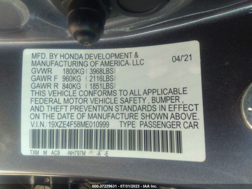 2021 HONDA INSIGHT EX - 19XZE4F58ME010999