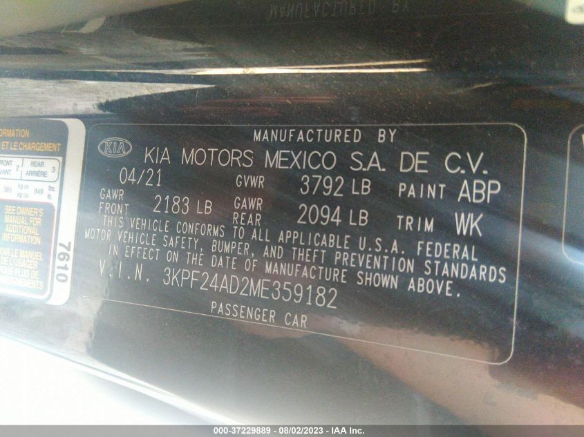 2021 KIA FORTE LXS - 3KPF24AD2ME359182