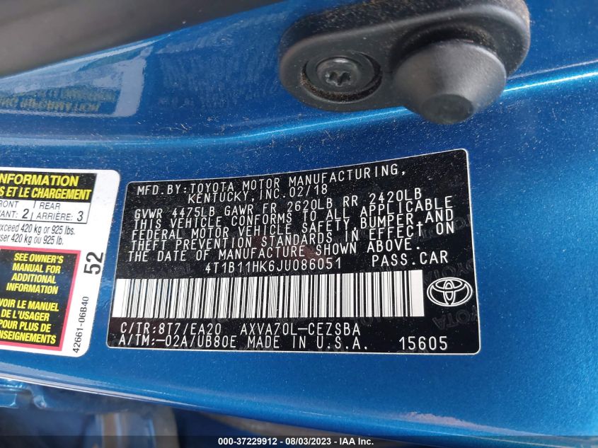 2018 TOYOTA CAMRY L/LE/XLE/SE/XSE - 4T1B11HK6JU086051