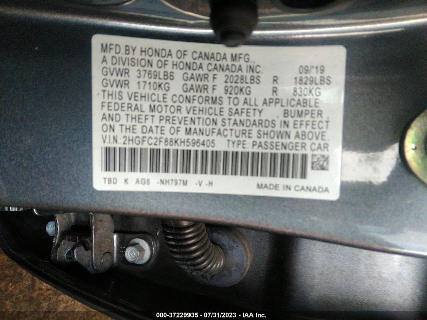 2019 HONDA CIVIC SEDAN SPORT - 2HGFC2F88KH596405
