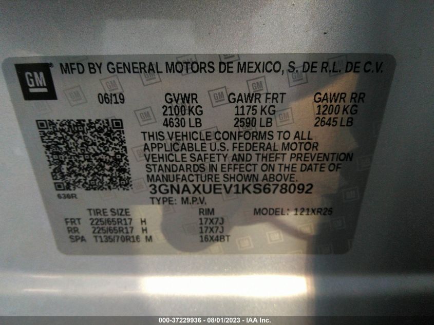 2019 CHEVROLET EQUINOX LT - 3GNAXUEV1KS678092