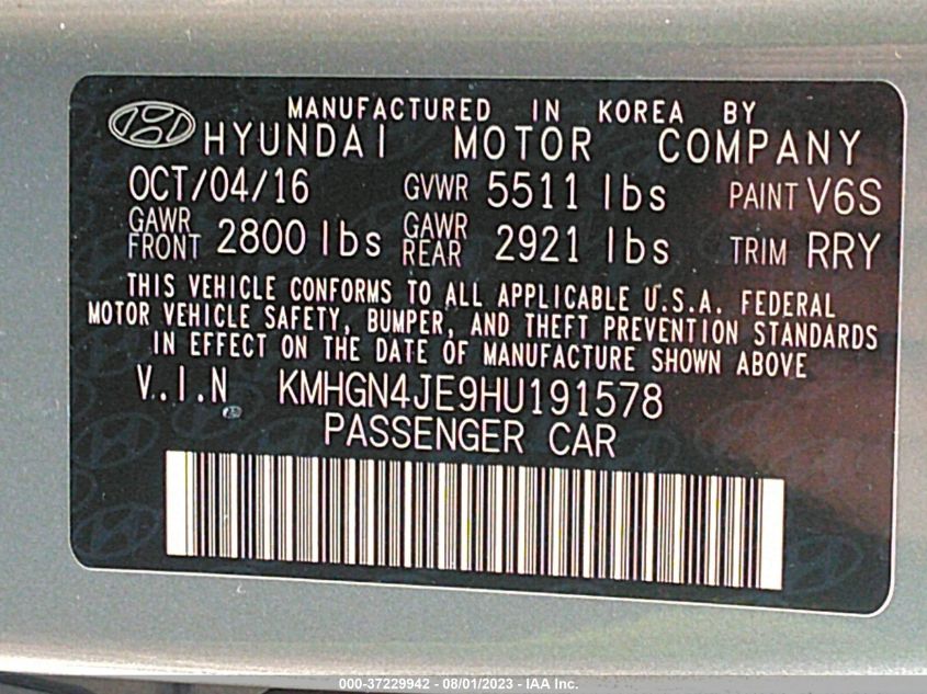 2017 GENESIS G80 3.8L - KMHGN4JE9HU191578