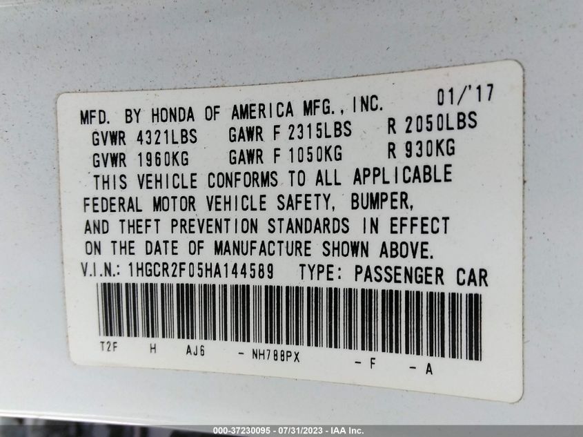 2017 HONDA ACCORD SEDAN EX - 1HGCR2F05HA144589